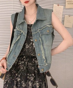 国内即納 フリンジデニムベスト 襟付き デニムジレ