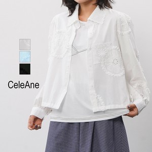 【新作】レース刺繍デザインコットンシャツ　ドロスト　格子レースネック　コットン100　3色展開