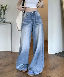 国内即納 ウォッシュ加工デニムパンツ ワイドデニム
