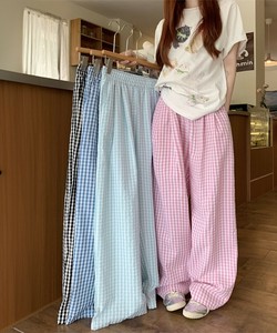 国内即納 チェック柄ワイドパンツ ハイウエスト薄手