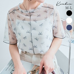トップス《サマーシアーメッシュ半袖リボントップス 全3色 3サイズ》《自社生産》