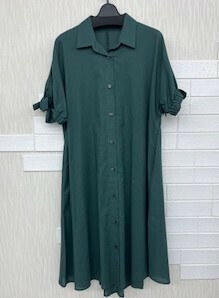 袖リボン前開き綿麻素材ワンピース