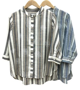 Button Shirt/Blouse Stripe Stand-up Collar Cotton 7/10 length