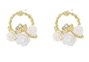 Pierced Earrings Resin Post Design White Rose