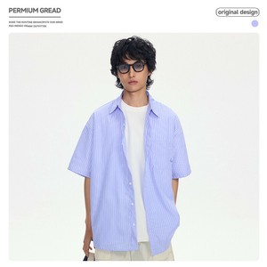 P21414メンズ 男 ストライプ ワイシャツ トップス 半袖 2024春夏新作 カジュアル 日系 レトロ ペアルック