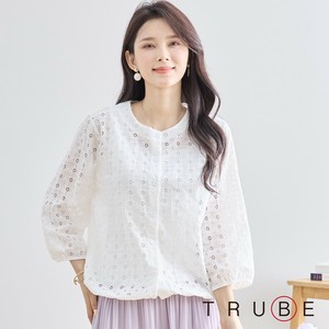 【2025新作】【M〜L】レース刺繍ノーカラーコットンブラウス(N72-232) (1号店)FM1