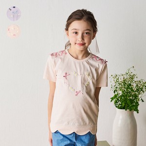 リボン付裾スカラップ半袖Tシャツ N44891 本体綿100％ 後衿ぐりゴム仕様 レースアップ 刺繍 モチーフ