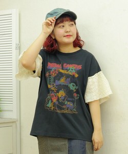 16/-OE天竺×チュール　袖フリルレースTシャツ