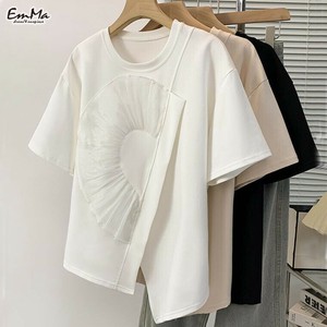 デザイン半袖Tシャツ コットン チュール アシンメトリー カジュアル【2025SS】 EH2796