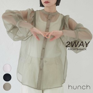 Button Shirt/Blouse Voluminous Sleeve Front/Rear 2-way Spring/Summer Sheer
