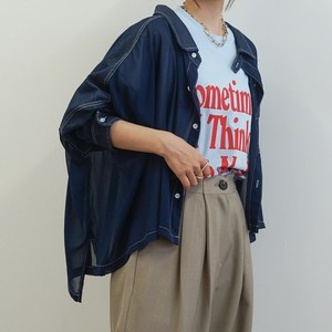 【2025新作 即納】シャンブレー×シアーワイドシャツ（ネイビー・ブラック）大きめ　デニム　異素材切替
