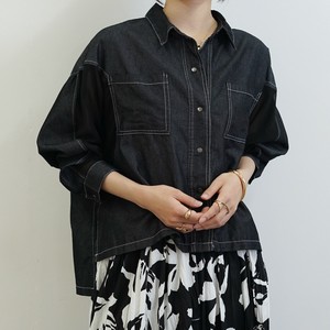 Button Shirt/Blouse Sheer Sleeve Chambray Navy black Mixing Texture Switching [2025 NEW]