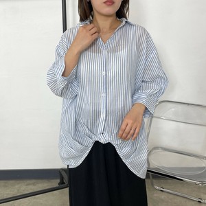 即納【2025新作】裾タックストライプシャツ　人気デザイン　半端袖　トップス　春　夏