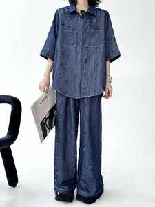 セット シャツ ワイドパンツ 半端袖  デニムパンツ 無地 ゆったり 快適 レディース ファッション BQ7494