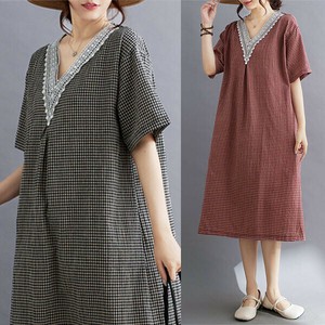 Casual Dress Check Pattern Design V-Neck