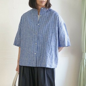 Button Shirt/Blouse Stripe Stand-up Collar Linen European 5/10 length