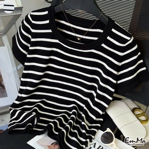 ボーダーニットTシャツ 半袖 スリム カジュアル 夏   【2025SS】EH1794