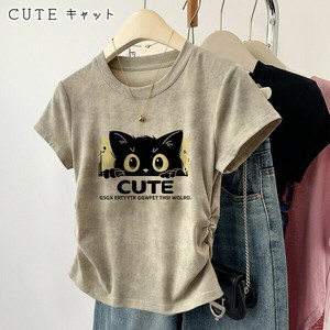 ねこモチーフ半袖Tシャツ スリム ラウンドネック カジュアル 【2025SS】EH1791