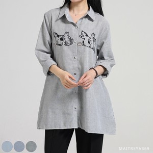 【2025年新作　即日発送】ネコ刺繍 ストライプ ロングシャツチュニック