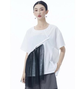 u27604トップス レディース シャツ Tシャツ カジュアル チュール ラウンドネック 2色 2025春夏新作