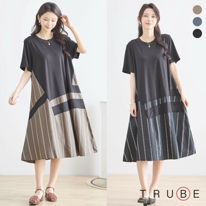 【2025新作】【M〜L】配色ストライプ切替ドッキングワンピース(N82-261)（1号店）FM1