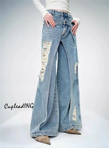 ＜SALE＞早い者勝ち デニムパンツ ギャル風 スティッチ ダメージデニムパンツ フェイク2ピース