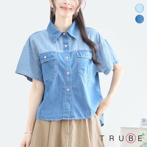 Button Shirt/Blouse Stripe Short Sleeve Shirt Switching [2025 NEW]
