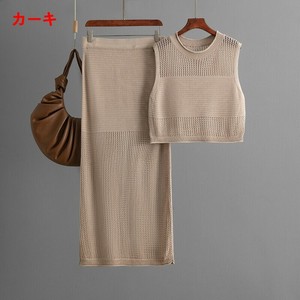 スカートスーツ 2点セット 透かし彫り ニット 無地 ゆったり 快適  レディース ファッション MBQ014