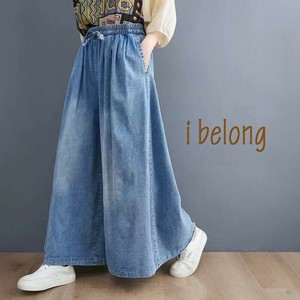 【新作】ワイドフレアデニムパンツ　タックデザイン　ガウチョ　ウエストリボン