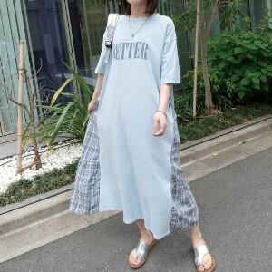 【2025年新作】ピグメント加工ロゴプリントTシャツワンピース　春　夏　SS　大人　カジュアル　チェック