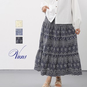 【新作】刺繍コットンロングティアードスカート　透かしフラワー　コットン　裏地付　3色展開