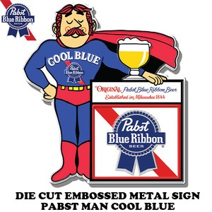 BIG ダイカット エンボス メタルサイン Pabst Man Cool Bule【パブスト ブリキ看板】