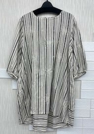 ストライプ柄×花刺繍綿麻チュニック　ブラウス
