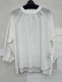 はしごレースバルーン袖綿リップル加工かぶりブラウス
