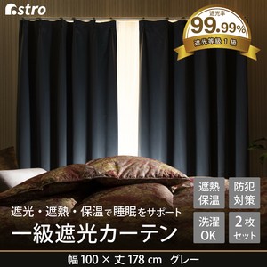 アストロ 1級遮光カーテン 2枚組 178cm丈 洗える グレー 遮光率99.99% 332-32