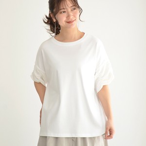 袖ナシ地素材ギャザー丸首半袖カットソーTシャツ（D72048）