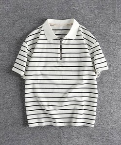 【Aimoha MEN】ハーフジップマリンボーダーポロシャツ メンズ 半袖 トップス ボーダー