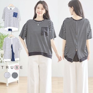 【2025新作】【M〜L】バックジップ異素材切替ボーダーTシャツ(N12-580)(5号店) FM5