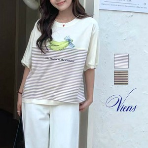 【新作】バナナプリントカットソー　ボーダー　ポワン袖　コットン　2色展開