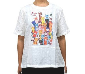 半袖ブラウス　柄シャツ　個性的　裾絞り　プリント　アニマル　ネコ　猫