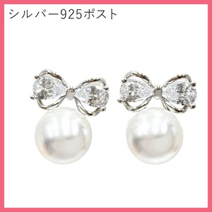 ★【シルバー925ポスト】キュービック リボン パール ピアス