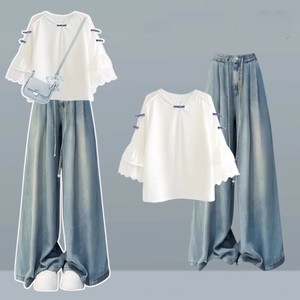 ワイドパンツ デニムパンツ 半袖 トップス 無地 ゆったり 快適 レディース ファッション   MBQ069