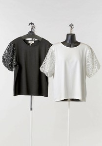 オーガンジー刺繍切替カットソー 袖レース仕様カットソー 半袖 夏 無地