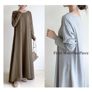 マキシワンピース クルーネック  ロング 長袖 フレア Aライン 体系カバー 春 秋 全5色