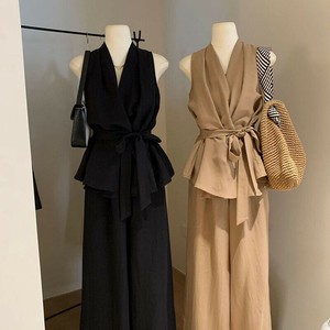 パンツスーツ 2点セット ノースリーブ  Vネック  ワイドパンツ 無地 ゆったり 快適 レディース  MBQ149
