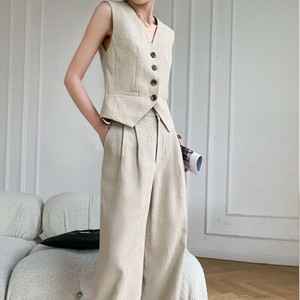 パンツスーツ 2点セット ベスト+パンツ 無地 ゆったり 快適 レディース ファッション ワイドパンツ  MBQ158