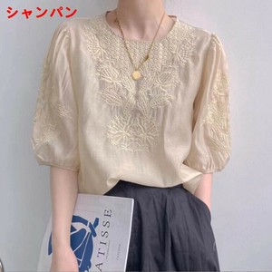 シャツ 半袖 刺繡 ラウンドネック 無地 ゆったり 快適 レディース ファッション  MBQ177