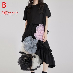 スカート 立体花 半袖 Tシャツ ラウンドネック 無地 ゆったり 快適 レディース ファッション MBQ218
