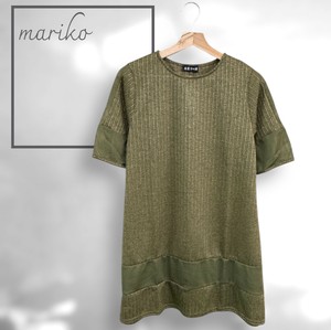 <2025夏物新作>ランダムテレコメッシュ生地切替五分袖Tシャツ　チュニック丈　2025春物人気　真里子の詩