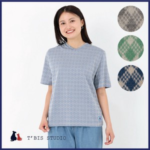 T-shirt T-Shirt Stripe V-Neck Gingham L Size Made in Japan